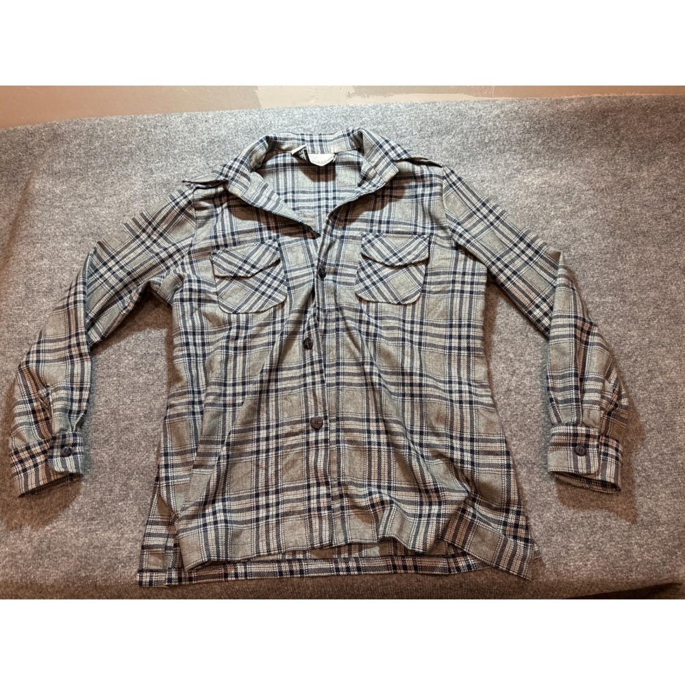 Vintage Kennedy Jersey Plaid Shirt Jacket Men's 44 XL 4 Pocket Gray Black